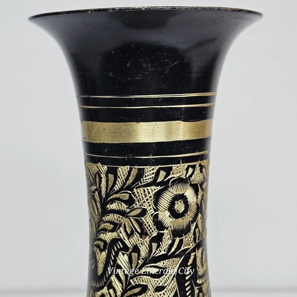 Vtg Black Gold Etched Brass Vase Peacock Floral Metalwork 9.5